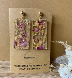 Pink Strawflower & Gold Resin Earrings